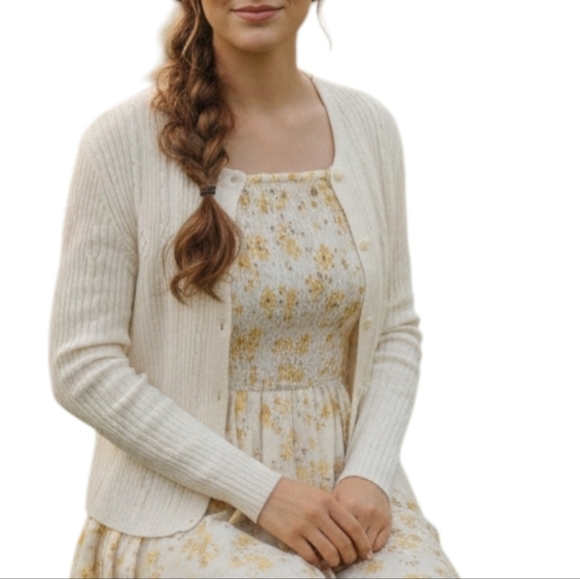 Liz Claiborne Sweaters - ​Liz Claiborne Vintage White Cotton Cable Knit Cardigan Sweater Cottagecore L